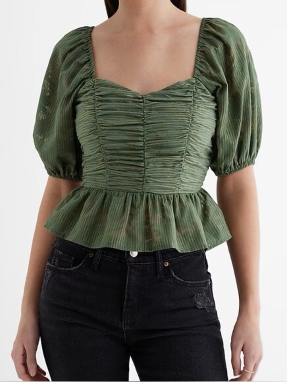 NWT Express Striped Floral Puff Sleeve Sweetheart Ruched
Peplum Crop Top Size M